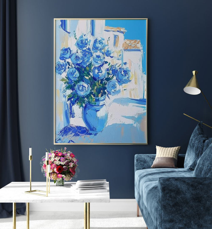 Stunning BLUE ROSES in a decorative vase, adding a touch of enchantment to any floral collection. Perfect gift option.