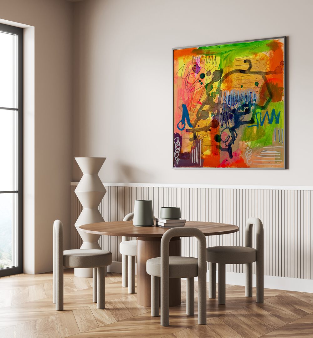 Brighten your space with DELIGHTFUL DIMENSIONS, ABSTRACT PAINTINGS, featuring vibrant colors and modern sophistication.