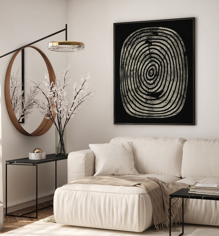 Stylish living room featuring BLACK OASIS ABSTRACTION, GEOMETRIC ART PRINTS, enhancing modern decor with bold design.
