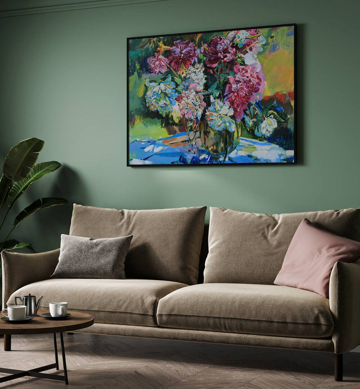 Vibrant WHITE AND PINK PEONIES, FLORAL FLOWER PAINTINGS brighten the room, perfect for adding elegance to any space.