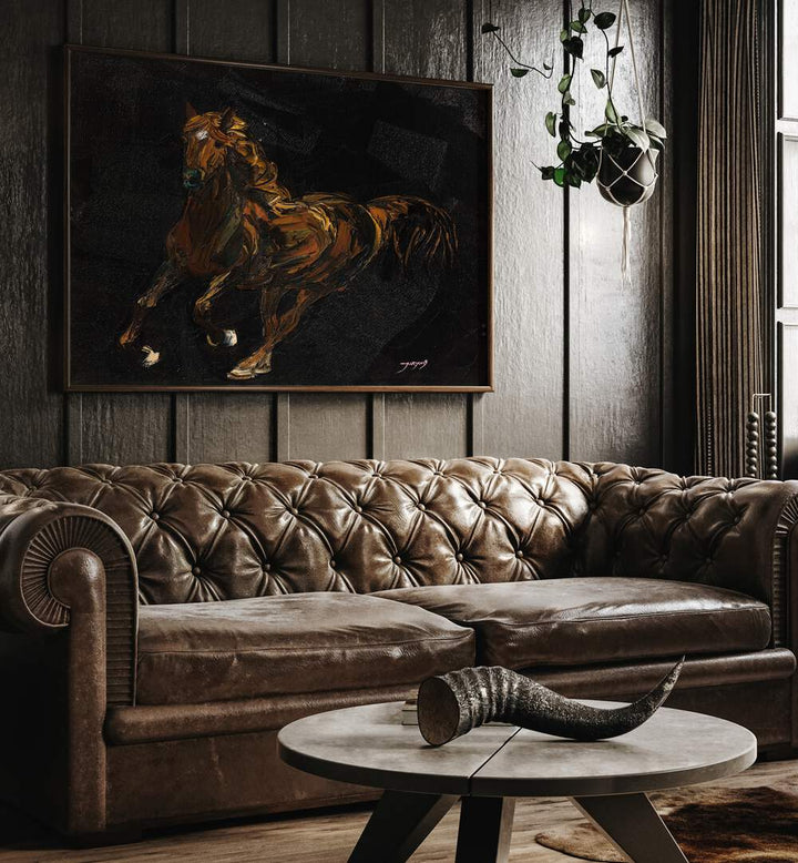 Stunning A BROWN HORSE , ANIMAL PAINTINGS displayed above a stylish sofa in a modern living room setting.