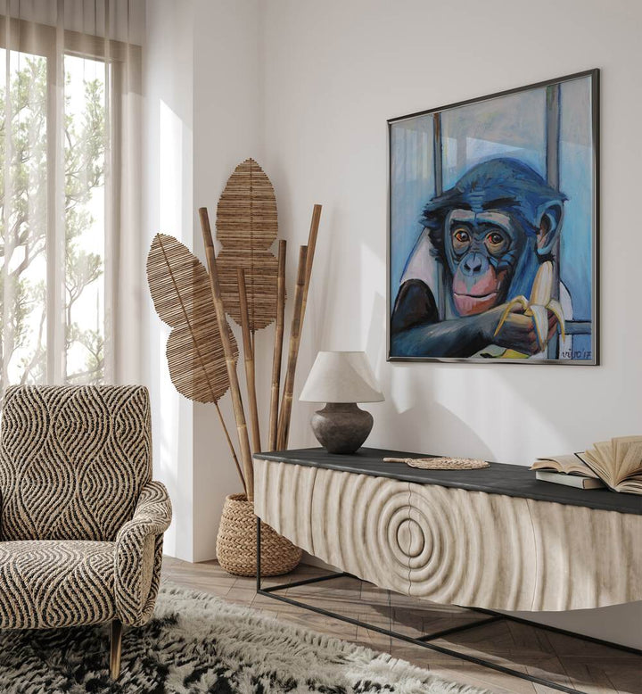 Colorful monkey-themed art piece, perfect for home décor, showcasing BANANA CONTEMPLATION II, COMIC POSTERS.