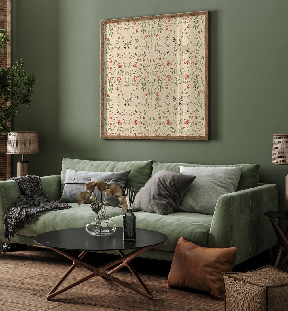 APTITUDE II, FLORAL FLOWER PAINTINGS showcased in a stylish living room with green accents and modern decor.