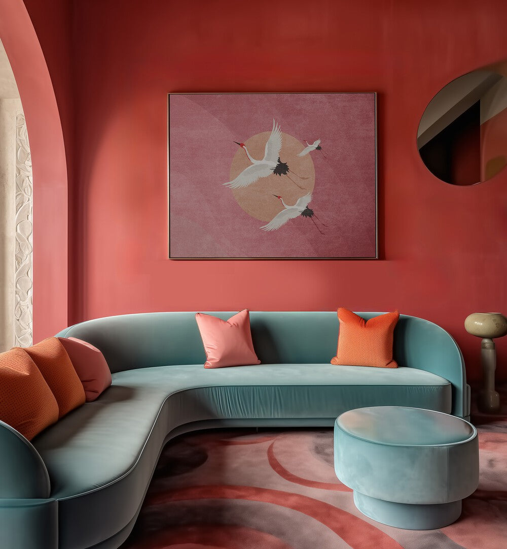 Stylish living room featuring "Crane" animal paintings by Emel Tunaboylu, enhancing modern decor with elegance.