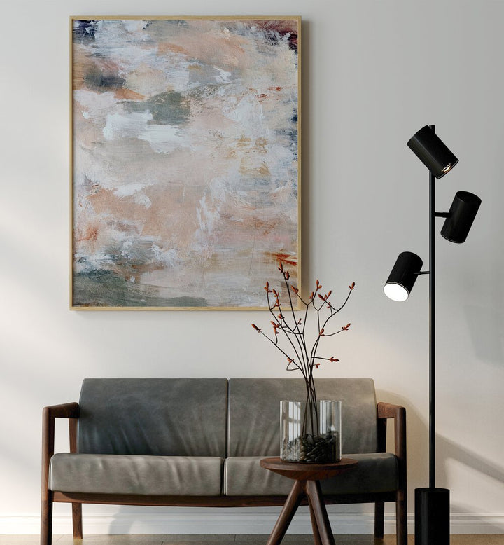 Elegant ALIGNMENT, ABSTRACT PAINTINGS displayed above a modern sofa, enhancing contemporary home decor.