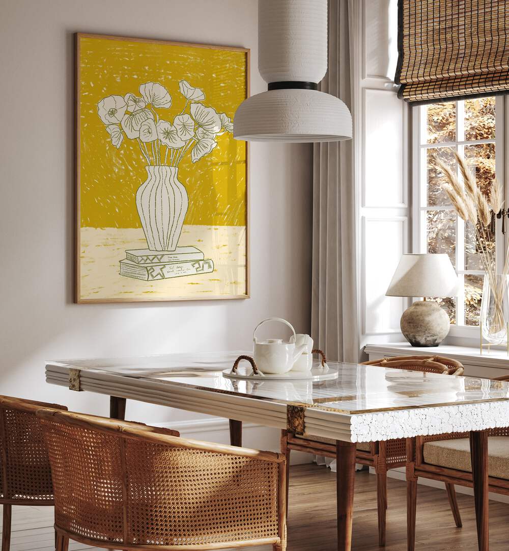 Vibrant BEAUTY OF YELLOW, FASHION POSTERS showcased in a stylish dining room, enhancing elegance and positivity.