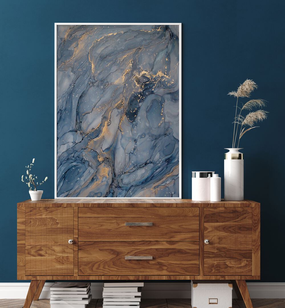 Stunning DELICATE BLUE, ABSTRACT PAINTINGS enhancing a modern interior with elegant design and soothing colors.