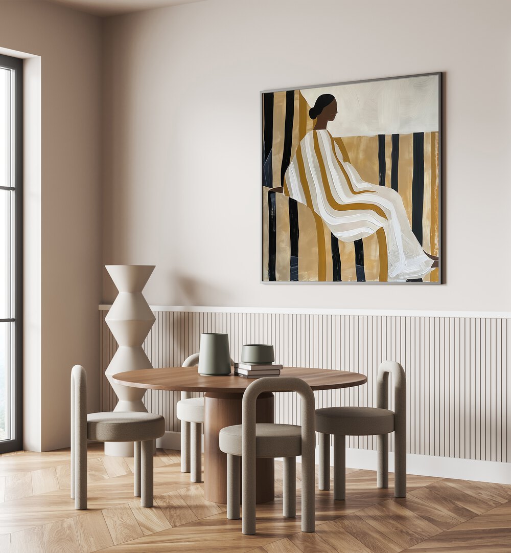 Elegant LADY IN STRIPES, PORTRAITS artwork enhances modern interiors with chic design and striking colors.
