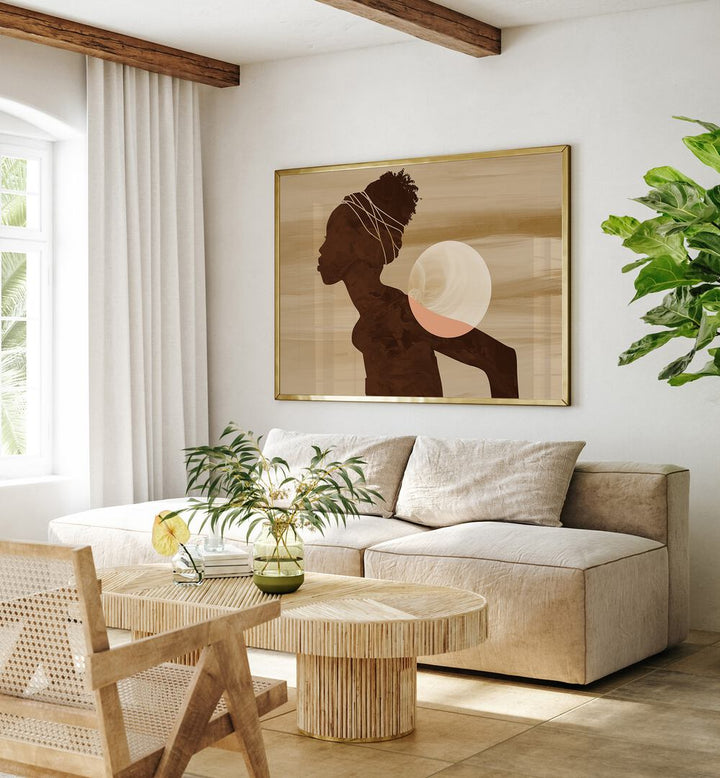 Stylish living room featuring the ANGOLAN MOON, AFRICAN ART PAINTINGS to enhance your home's charm and beauty.