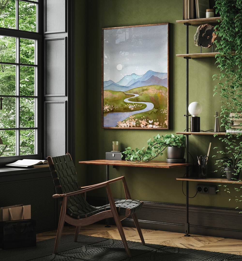 Tranquil BLUE GRAY HILLS landscape paintings enhance home decor with serene nature beauty and elegance.