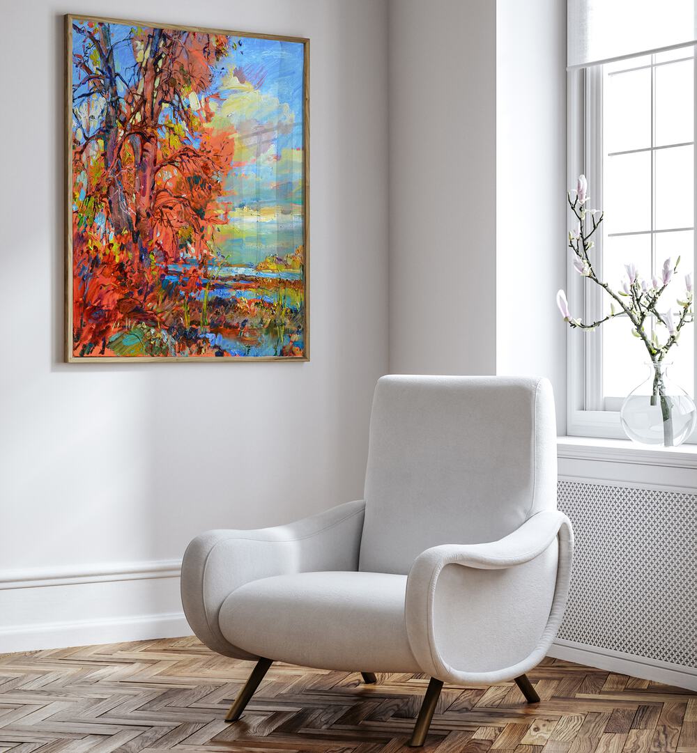 Vibrant AUTUMN, LANDSCAPE PAINTINGS adorn the wall, showcasing the beauty of fall's rich hues and intricate designs.