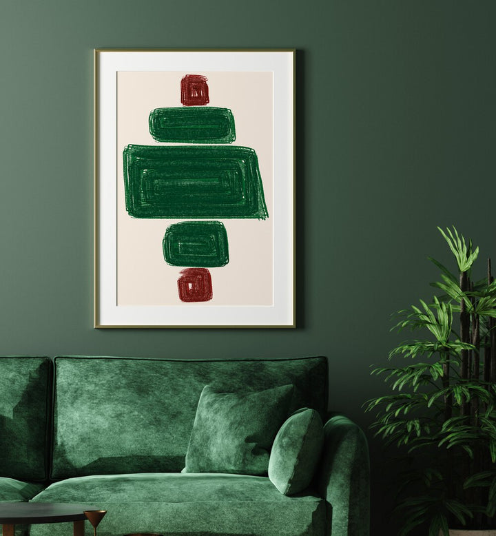 Elevate your space with SIMPLEX II, ABSTRACT PAINTINGS featuring bold green and red shapes on a soft backdrop.