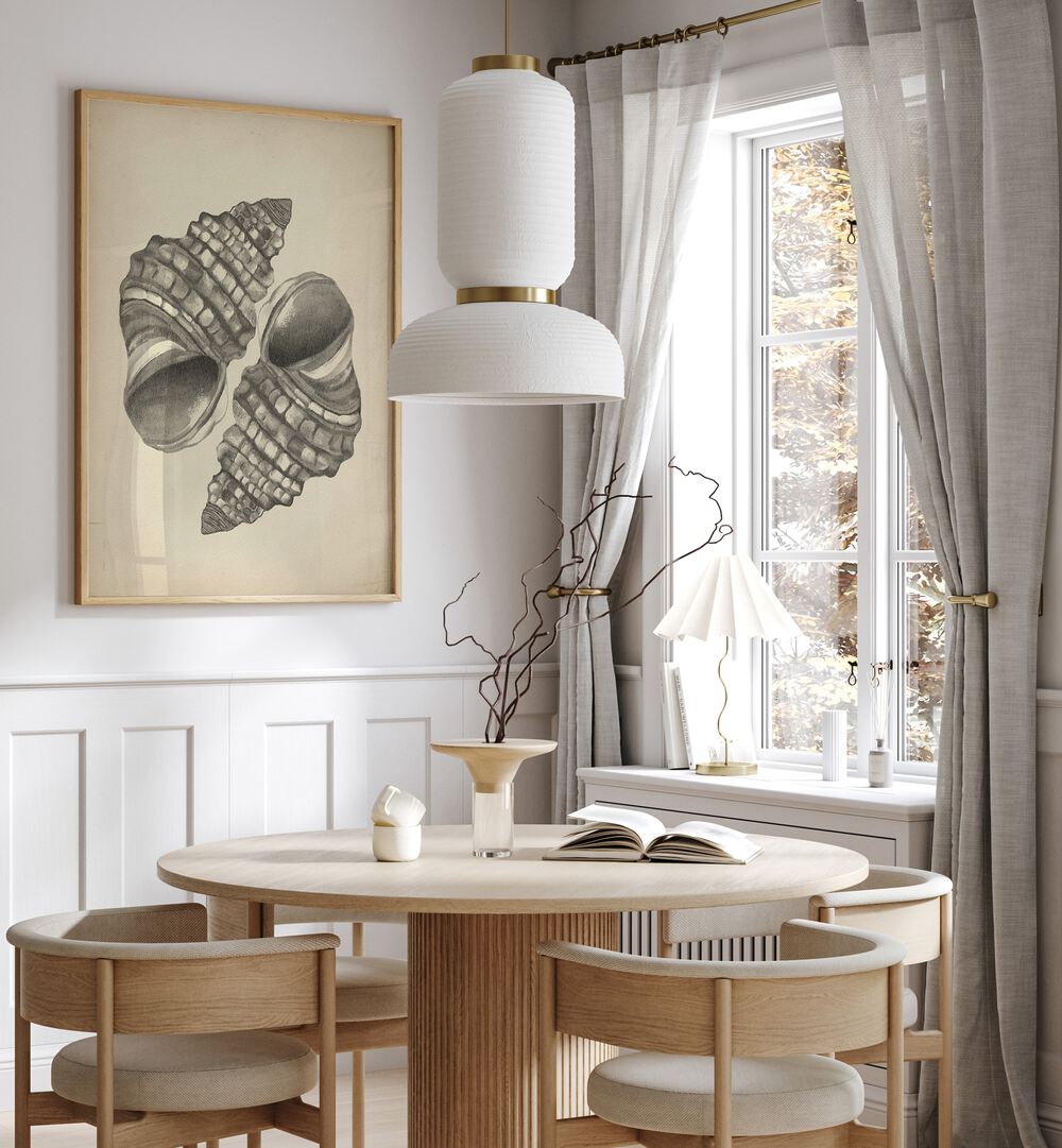 Elegant SEASHELLS II, BEACH PAINTINGS adorn a stylish dining area, capturing coastal beauty and charm.