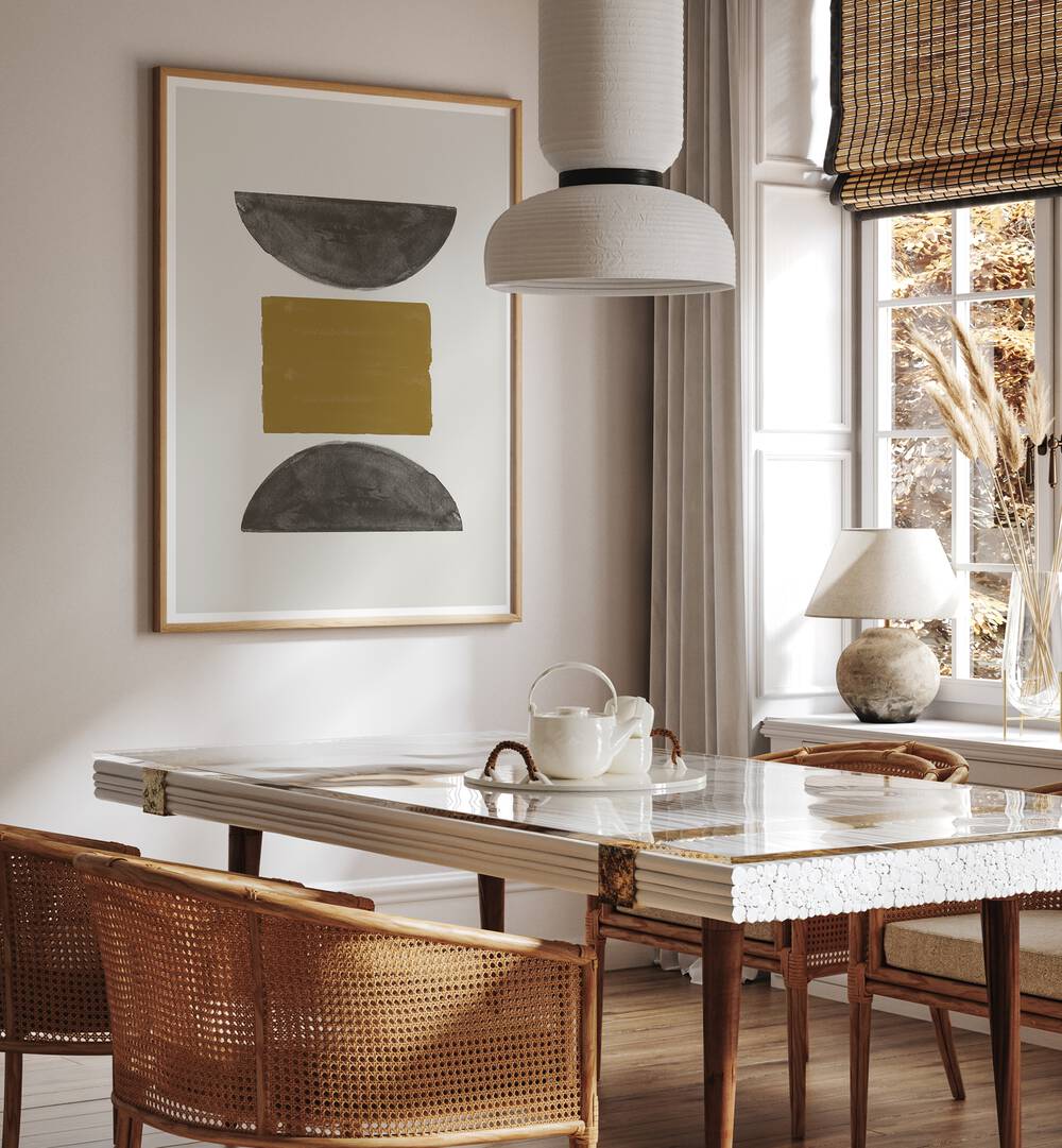 Stylish dining area showcasing NEW OBJECTS NO.3, GEOMETRIC ART PRINTS, enhancing modern gallery aesthetics.