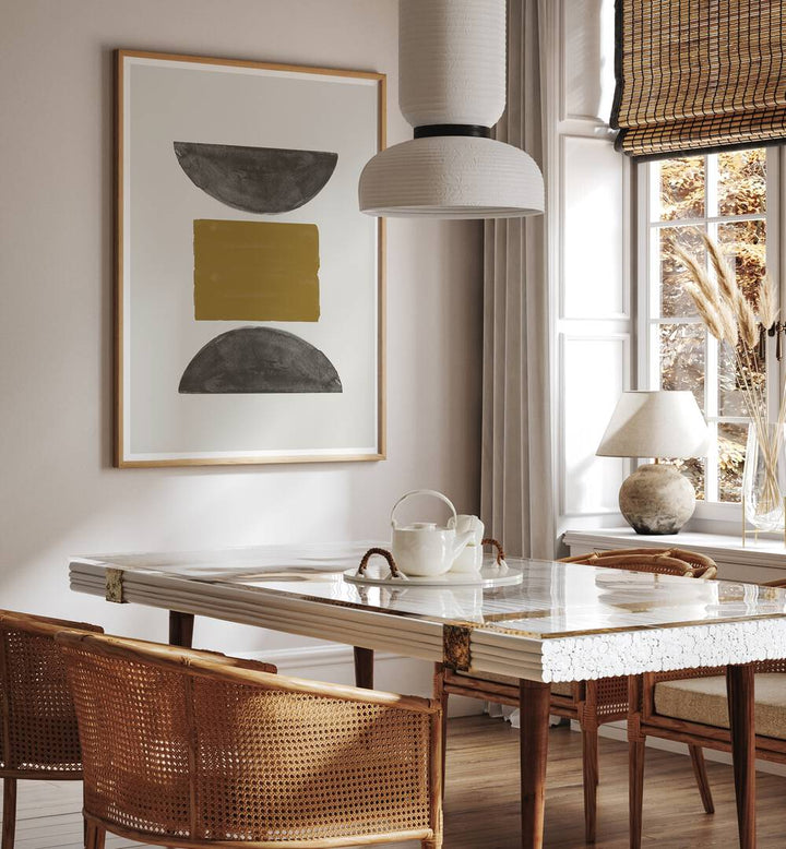 Stylish dining area showcasing NEW OBJECTS NO.3, GEOMETRIC ART PRINTS, enhancing modern gallery aesthetics.