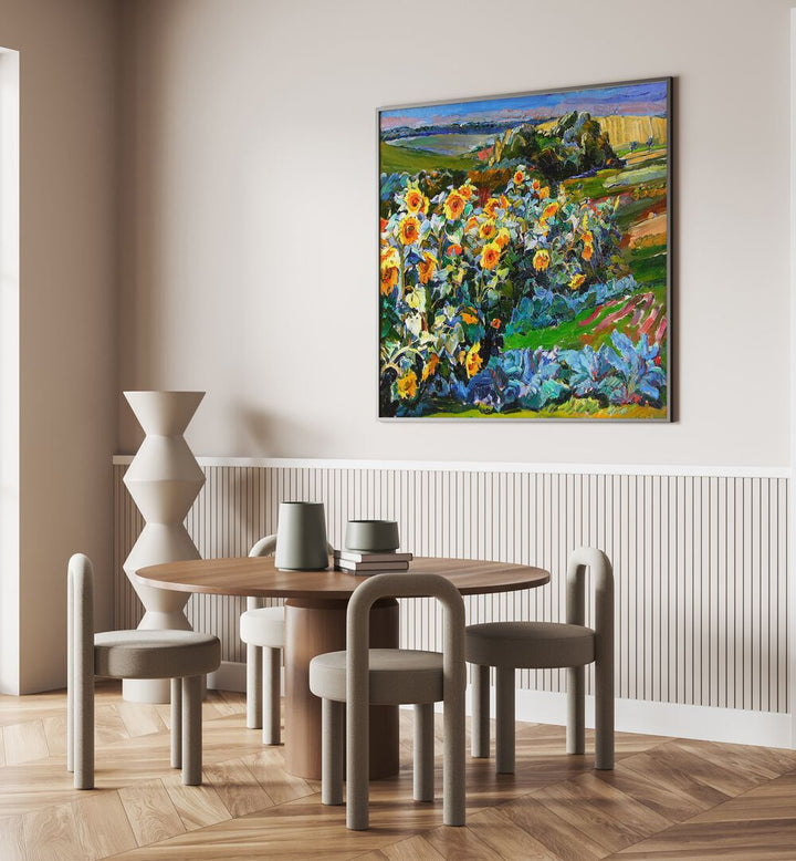 Vibrant SUNFLOWERS, FLORAL FLOWER PAINTINGS brightening a modern space, perfect for home or office decor.