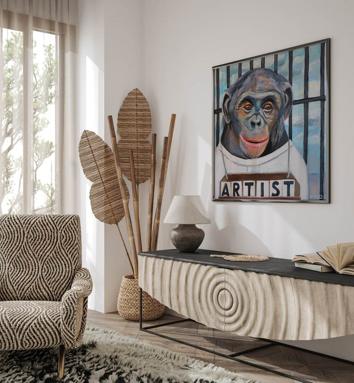 Vibrant PRIMATE PORTRAITURE comic poster showcasing an artistic monkey, perfect for abstract art enthusiasts.