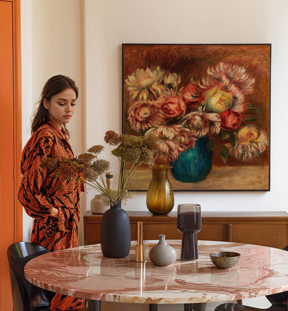 FLOWERS IN A GREEN VASE  , VINTAGE PAINTINGS