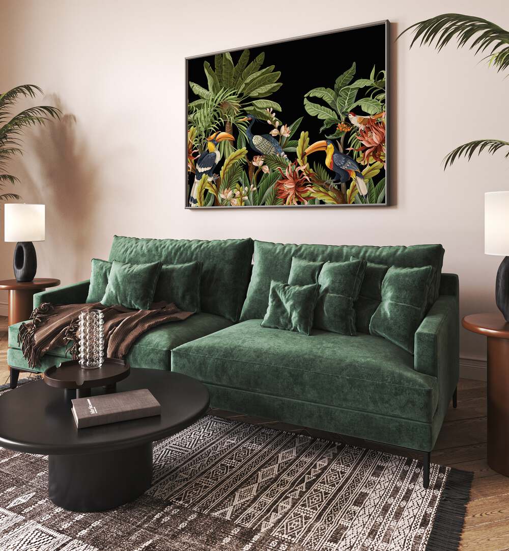 Vibrant TOUCANS IN THE DARK, ANIMAL PAINTINGS adorn a stylish living room, enhancing the beauty of nature indoors.