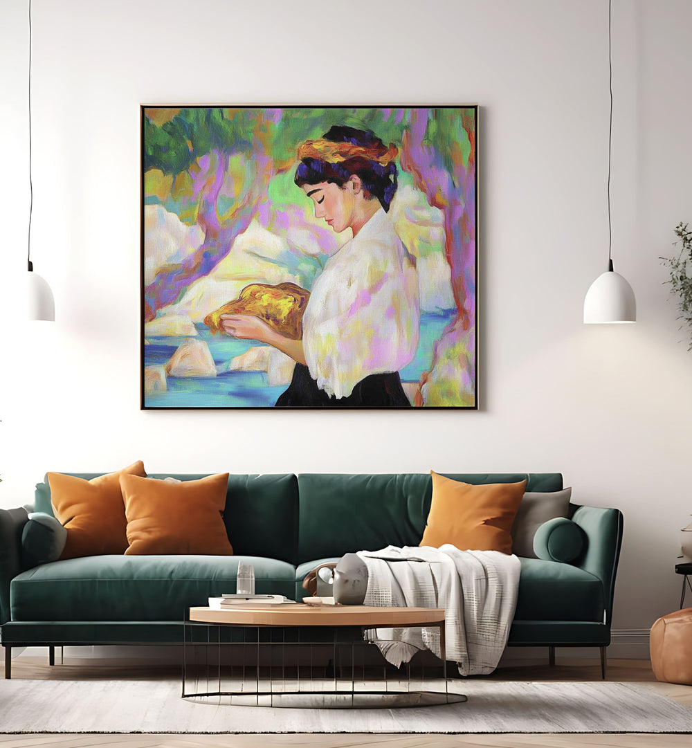 Stunning WOMAN WITH A ROCK sculpture, showcasing strength and beauty in modern art for your home decor.