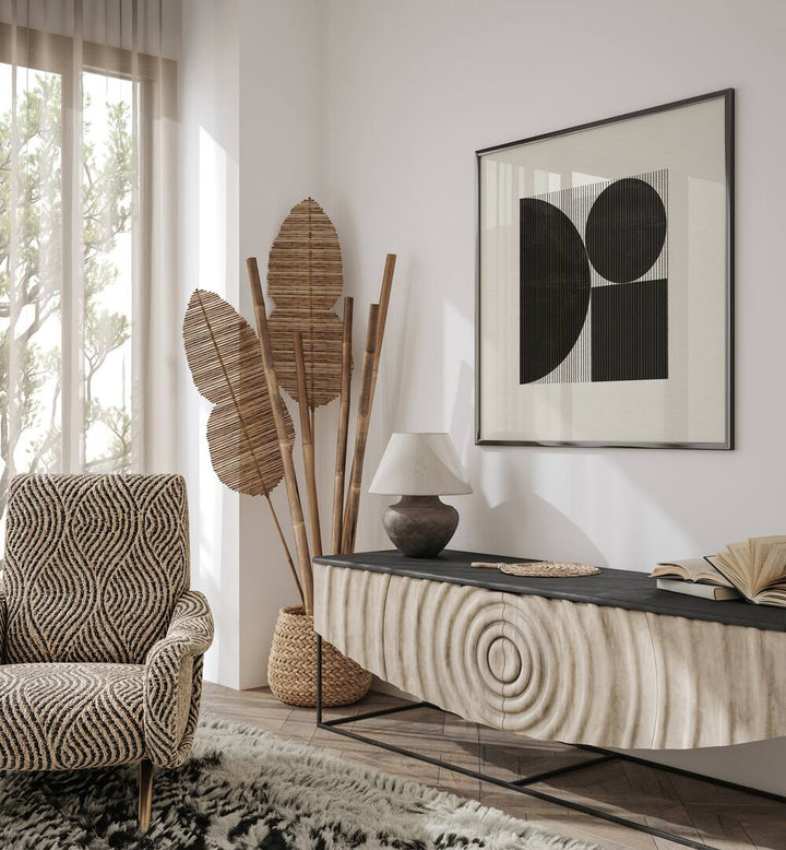 Stylish living room featuring PAPER OBJECT VII, GEOMETRIC ART PRINTS, enhancing creative spaces with modern elegance.