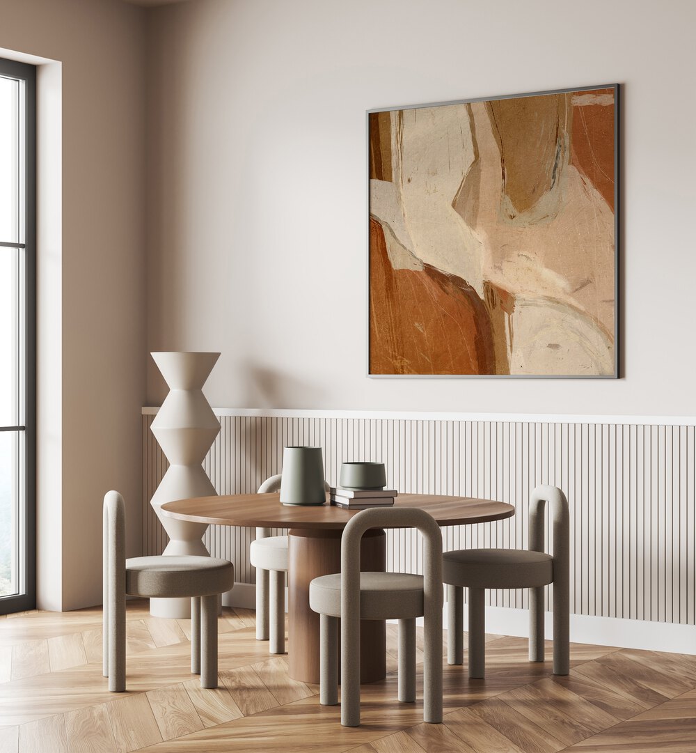 Stylish interior featuring EARTHY ABSTRACTIONS, ABSTRACT PAINTINGS, enhancing modern decor with warm tones.