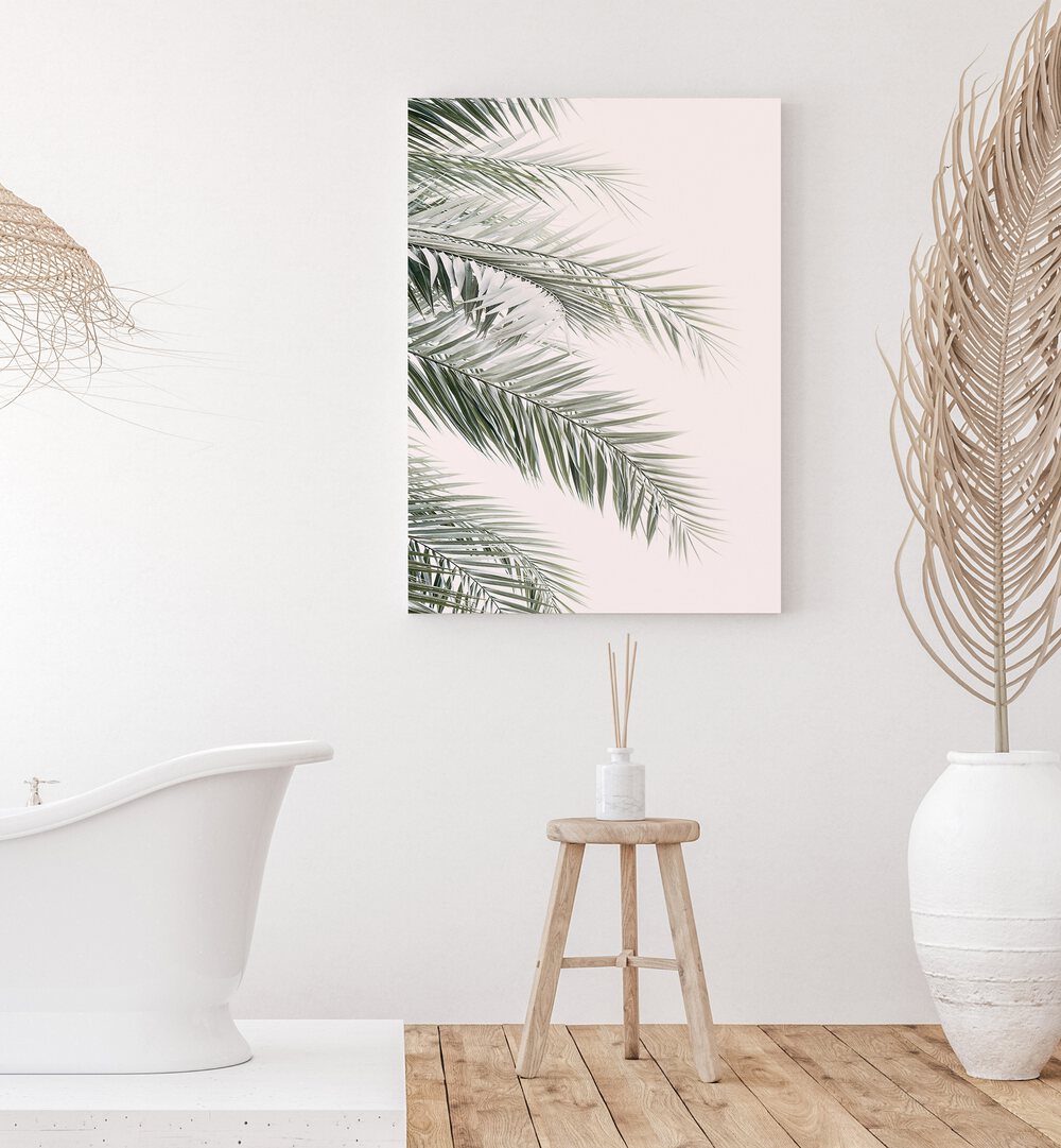 Stunning BLUSH PALM LEAVES, BEACH PAINTINGS enhance your decor with tropical elegance for any modern space.