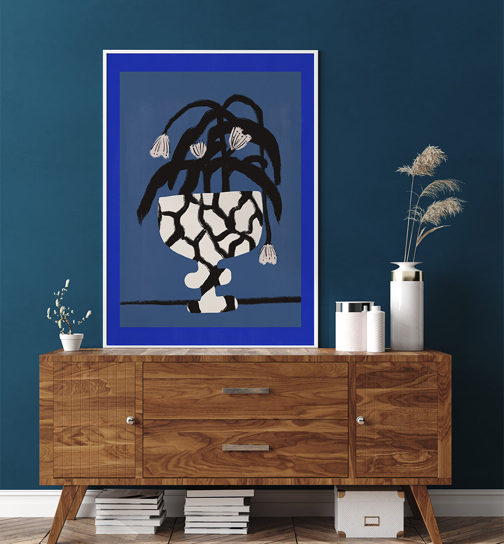 CRACKED VASE IN BLUE , FLORAL FLOWER PAINTINGS