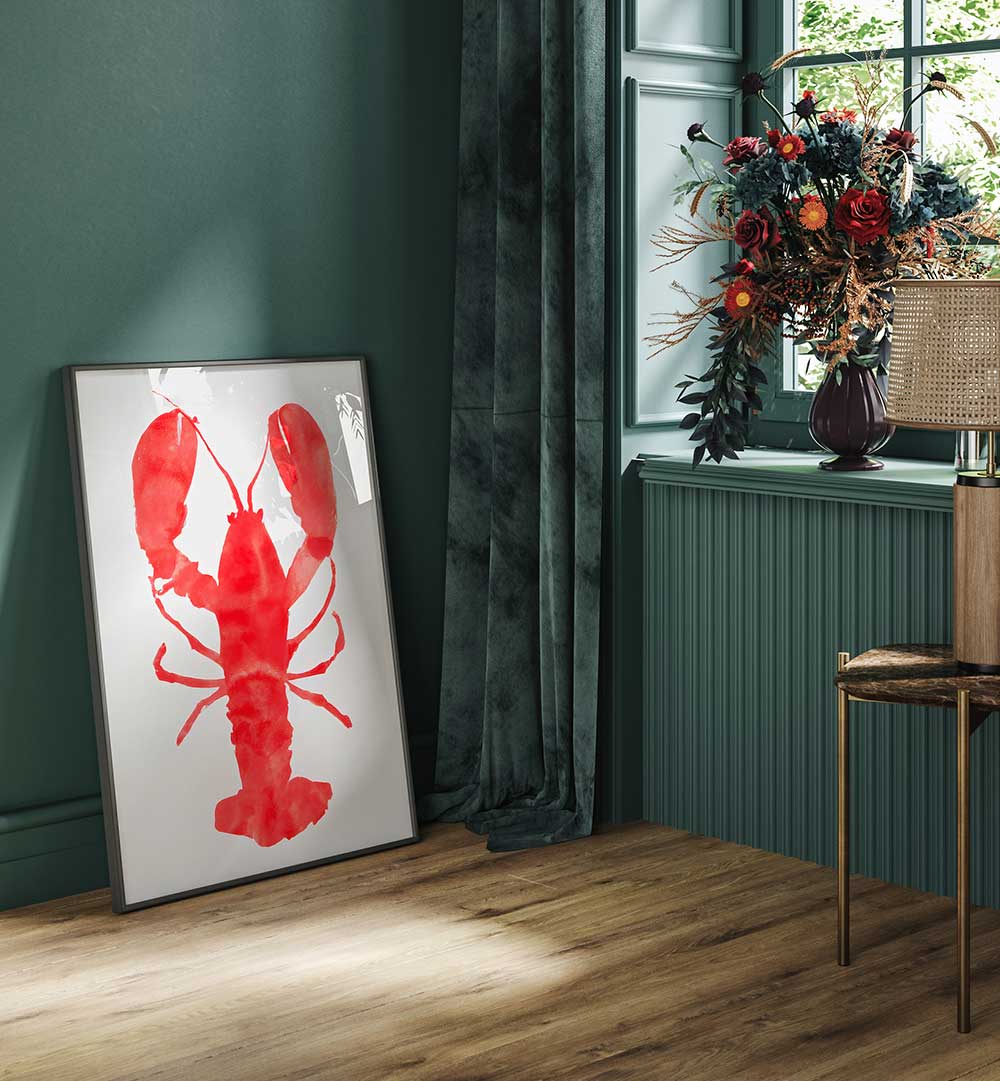 LOBSTER GRACE , KITCHEN POSTERS featuring vibrant red lobster art enhancing elegant kitchen décor and coastal charm.