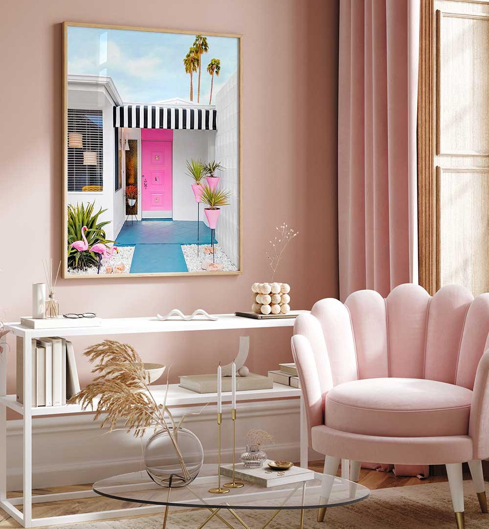 PINK DOOR WITH YARD FLAMINGOS , PHOTOGRAPHY PRINTS