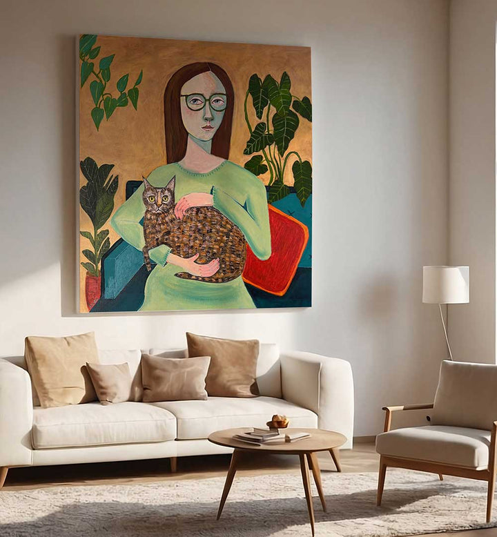 LADY WITH HER CAT IN LOUNGEROOM , PORTRAITS & FIGURATIVE ILLUSTRATIONS