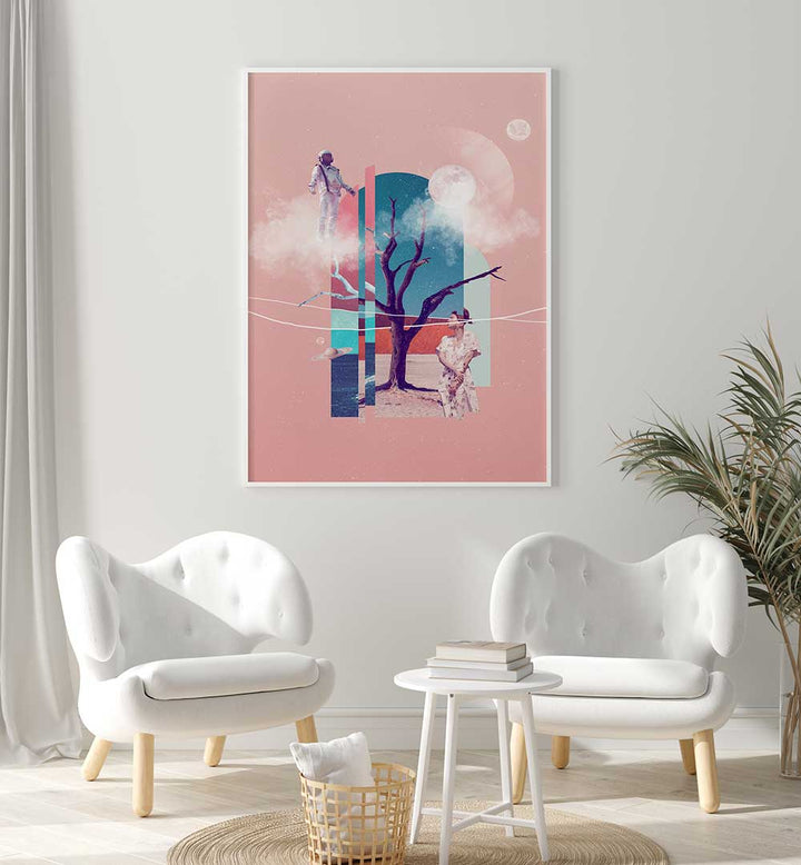 Whimsical SPACE LOVE, SURREAL ART PRINTS showcase a dreamy scene with astronauts and surreal landscapes.