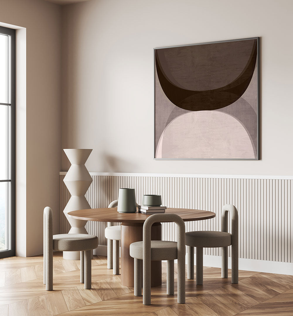 Stylish dining area featuring MODERN MOCHA II, GEOMETRIC ART PRINTS, enhancing contemporary home decor.