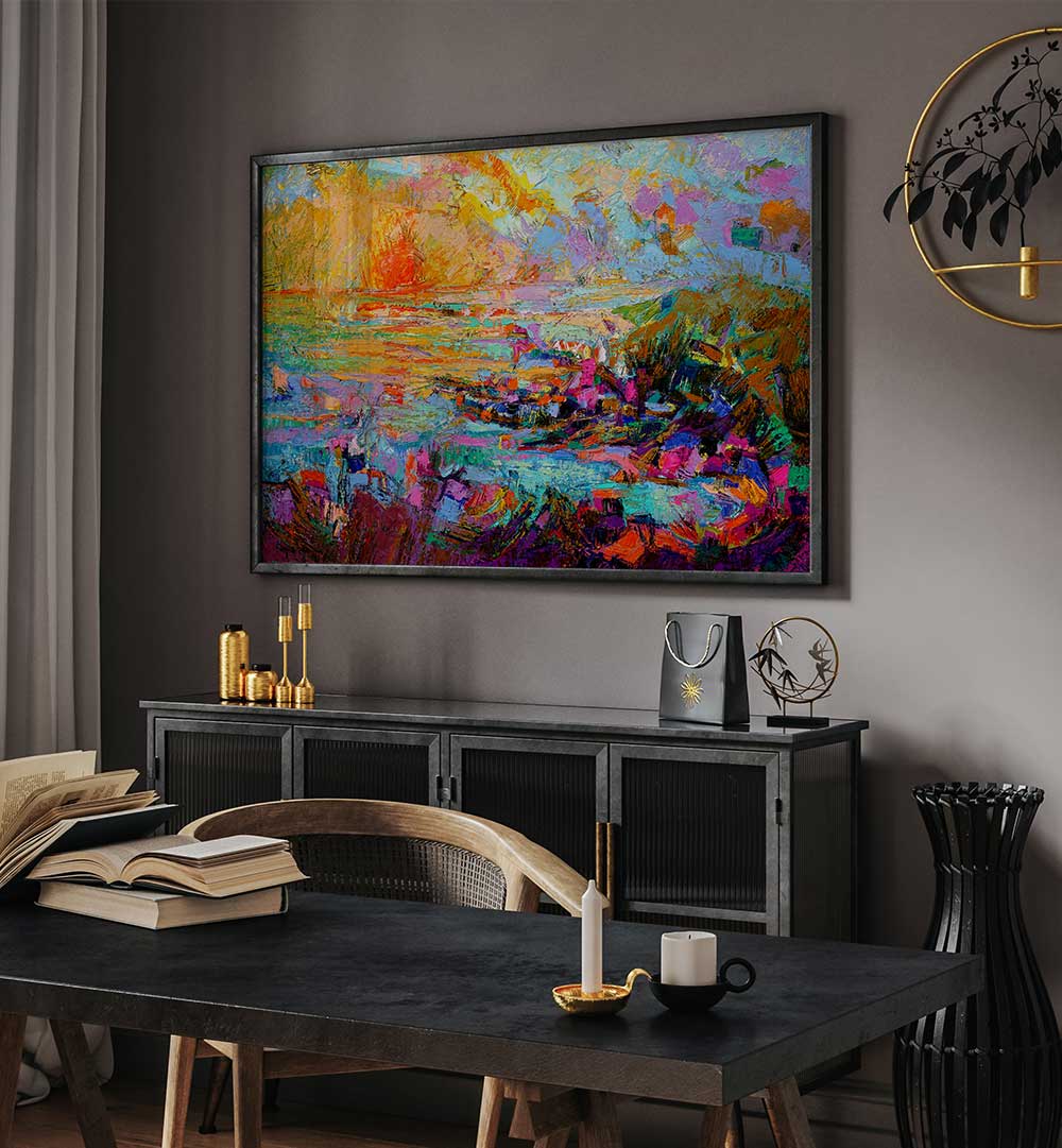 Framed vibrant coastal scene above sideboard in modern dining room — SUNSET OVER , LANDSCAPE PAINTINGS with warm, layered hues