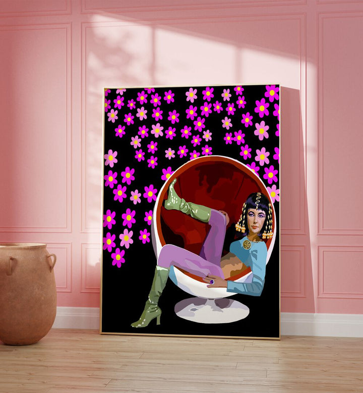 60s Glam By Lynnda Rakos Pop Art Paintings Pop Art Prints in Oak Wood Plain Frame placed on a wall beside a pot