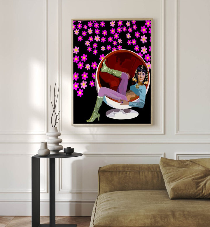 60s Glam By Lynnda Rakos Pop Art Paintings Pop Art Prints in Oak Wood Plain Frame placed on a wall behind a sofa