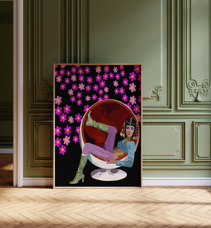 60s Glam By Lynnda Rakos Pop Art Paintings Pop Art Prints in Oak Wood Plain Frame placed on a floor beside a window