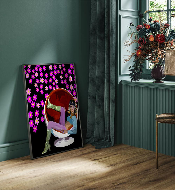 60s Glam By Lynnda Rakos Pop Art Paintings Pop Art Prints in Black Plain Frame placed on the floor beside a window