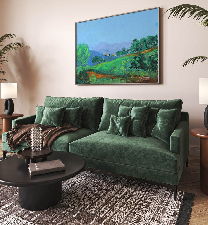 Vibrant GREEN HILLSIDE, LANDSCAPE PAINTINGS enhance the cozy living space with lush greenery and serene views.