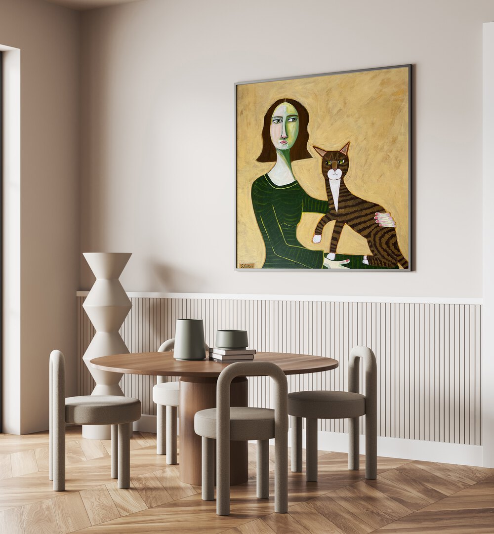 woman with brown cat women illustration paintings Artwork I placed on a wall