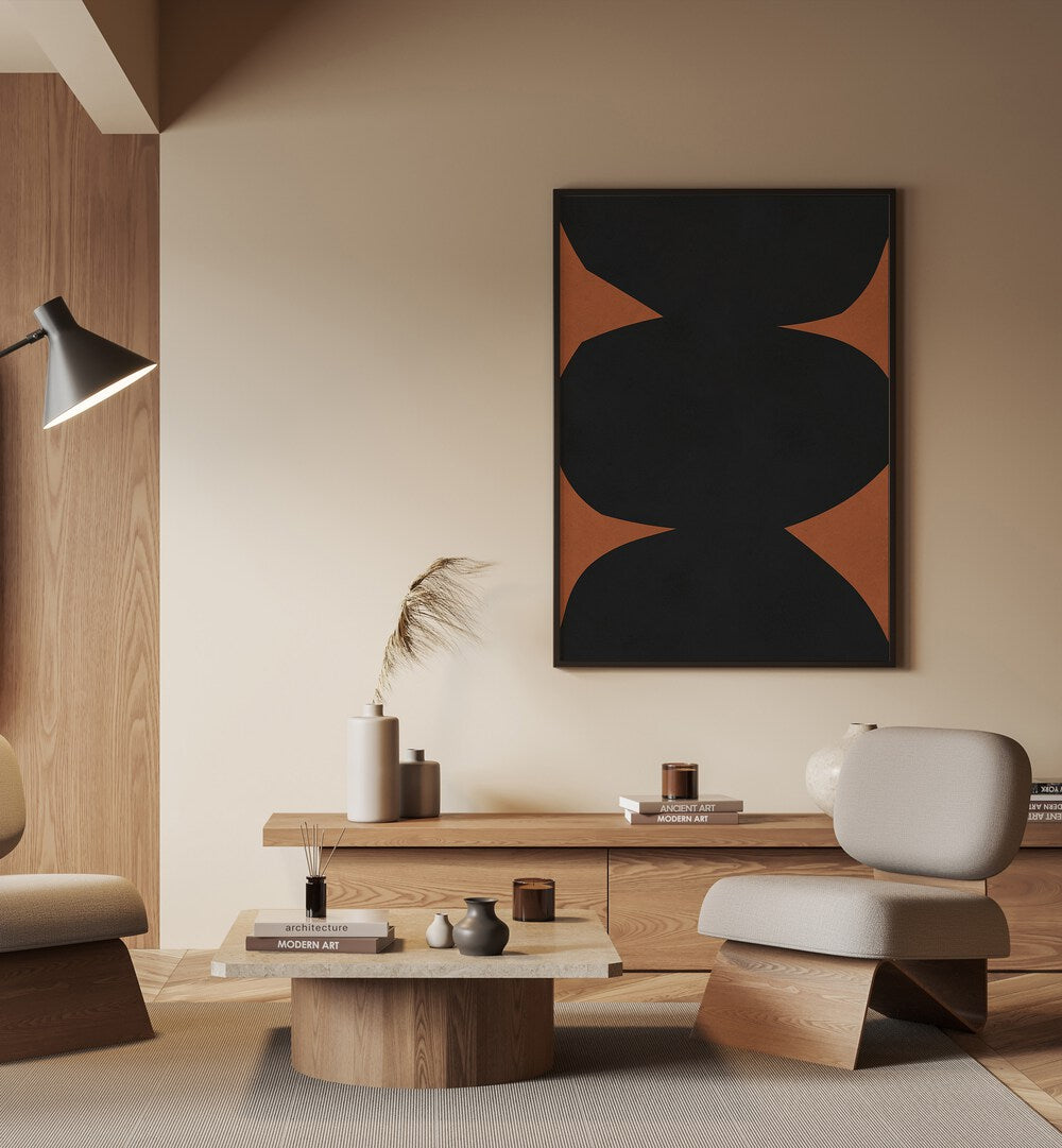 Stylish living room featuring TRIBAL VII, GEOMETRIC ART PRINTS, blending tribal patterns with modern decor.