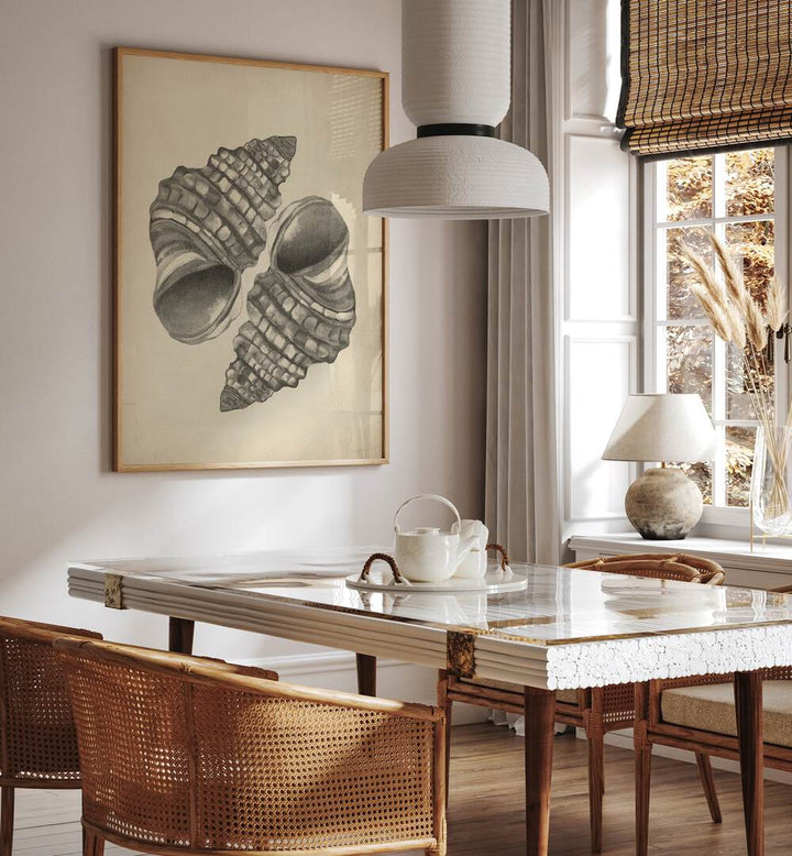 Stylish SEASHELLS II, BEACH PAINTINGS adorn a modern dining space, evoking coastal elegance and ocean beauty.
