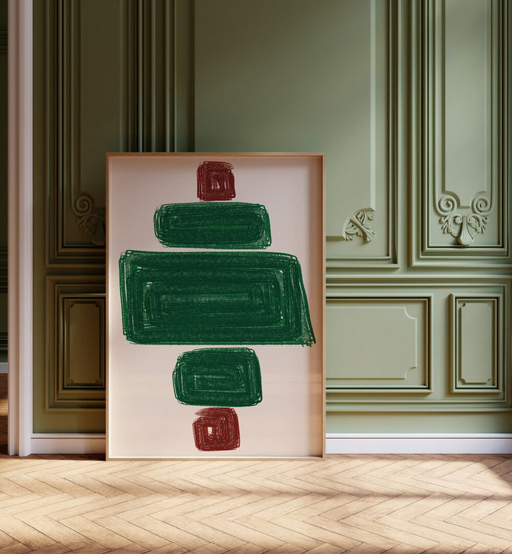 SIMPLEX II, ABSTRACT PAINTINGS feature bold green and red shapes, enhancing any modern decor with vibrant artistry.