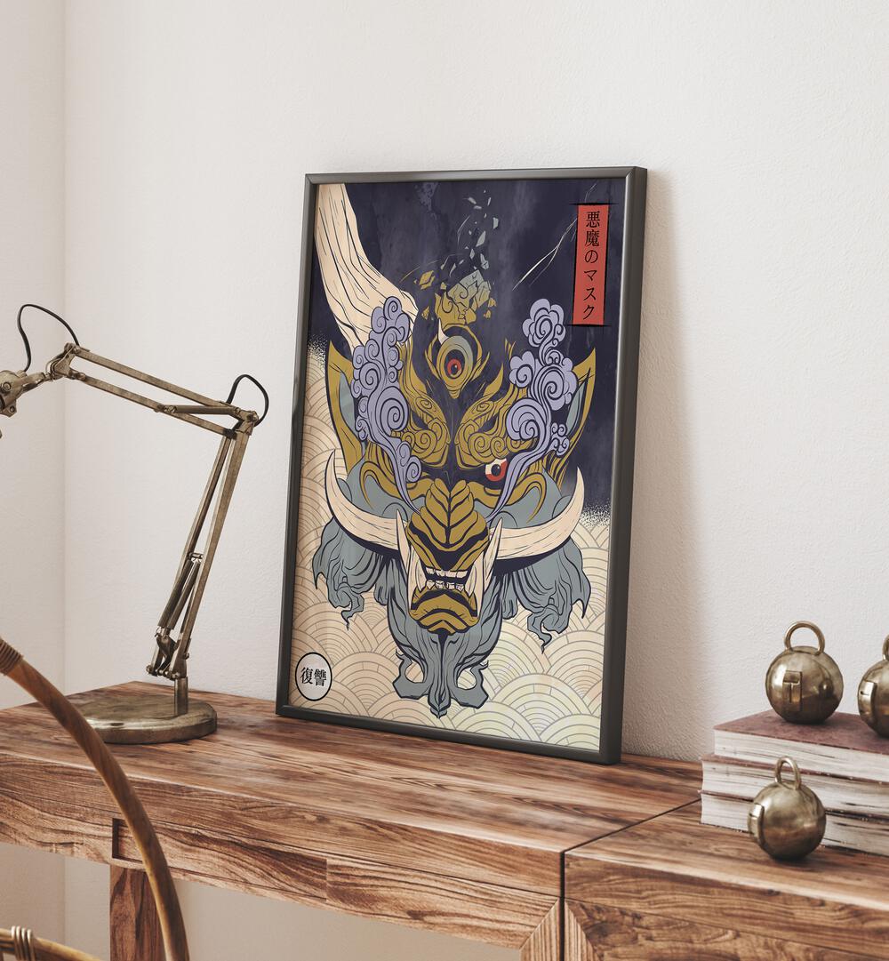 Stunning MASK OF YOKA, JAPANESE PAINTINGS artwork on display, showcasing intricate craftsmanship and cultural artistry.