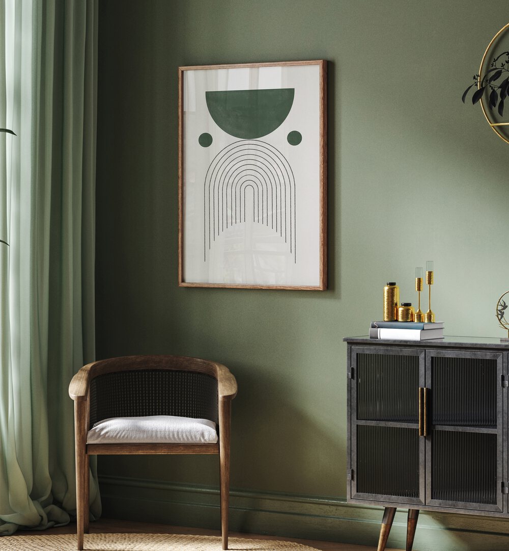 Stylish GREEN MID CENTURY MODERN NO.3, GEOMETRIC ART PRINTS enhance your space with vibrant greens and calming tones.