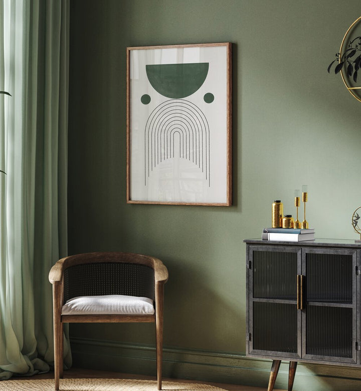 Stylish GREEN MID CENTURY MODERN NO.3, GEOMETRIC ART PRINTS enhance your space with vibrant greens and calming tones.