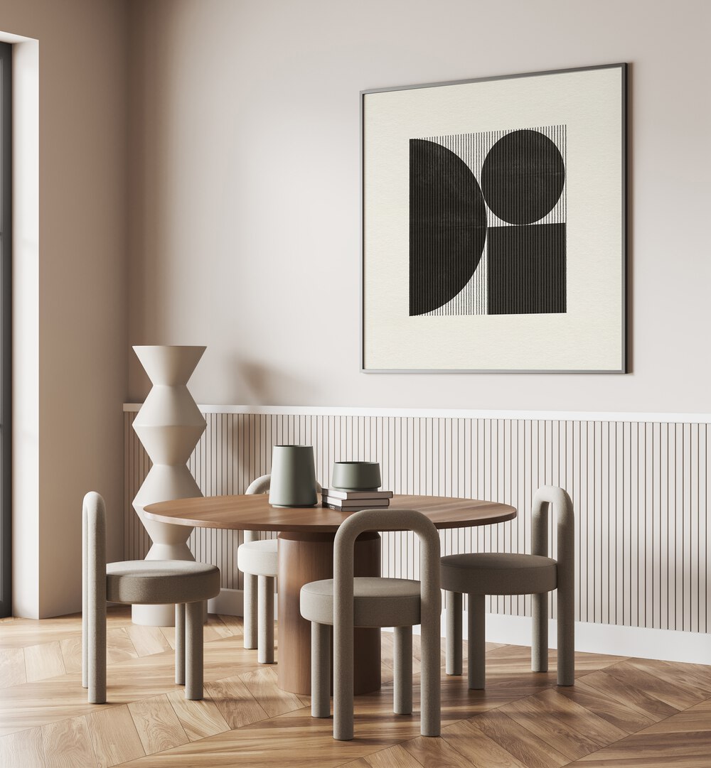 PAPER OBJECT VII, GEOMETRIC ART PRINTS enhance this modern dining space with artistic flair and elegance.