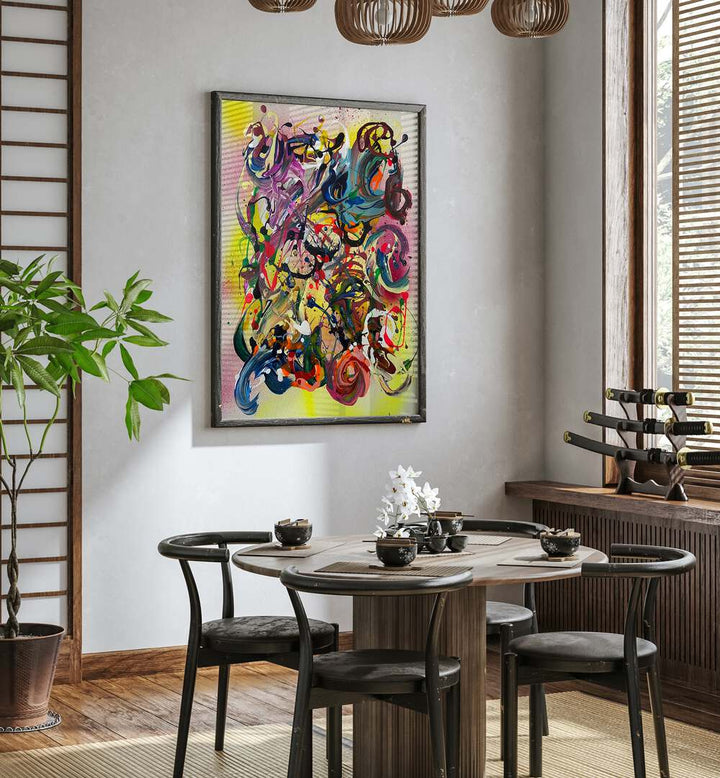 Vibrant CHUGI Abstract Paintings enhance a modern dining space with captivating colors and innovative design.
