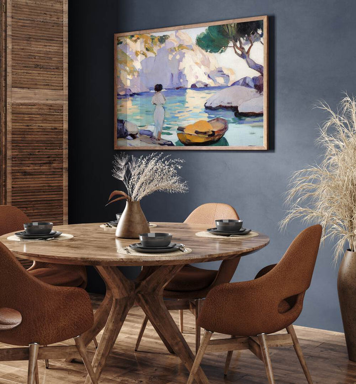 Serene artwork "WOMAN IN A BOAT" enhances any space with elegance and tranquility, perfect for a peaceful atmosphere.