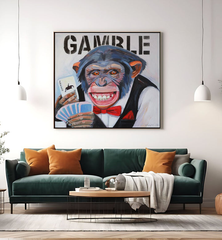 Vibrant PRIMATE'S POKER FACE, COMIC POSTERS featuring a playful monkey in a tuxedo, perfect for comic art enthusiasts.